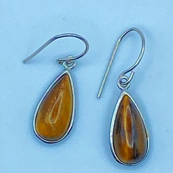 NWOT 925 Sterling Silver Tiger's Eye Earrings Teardrop Dangle Drop - Picture 1 of 5